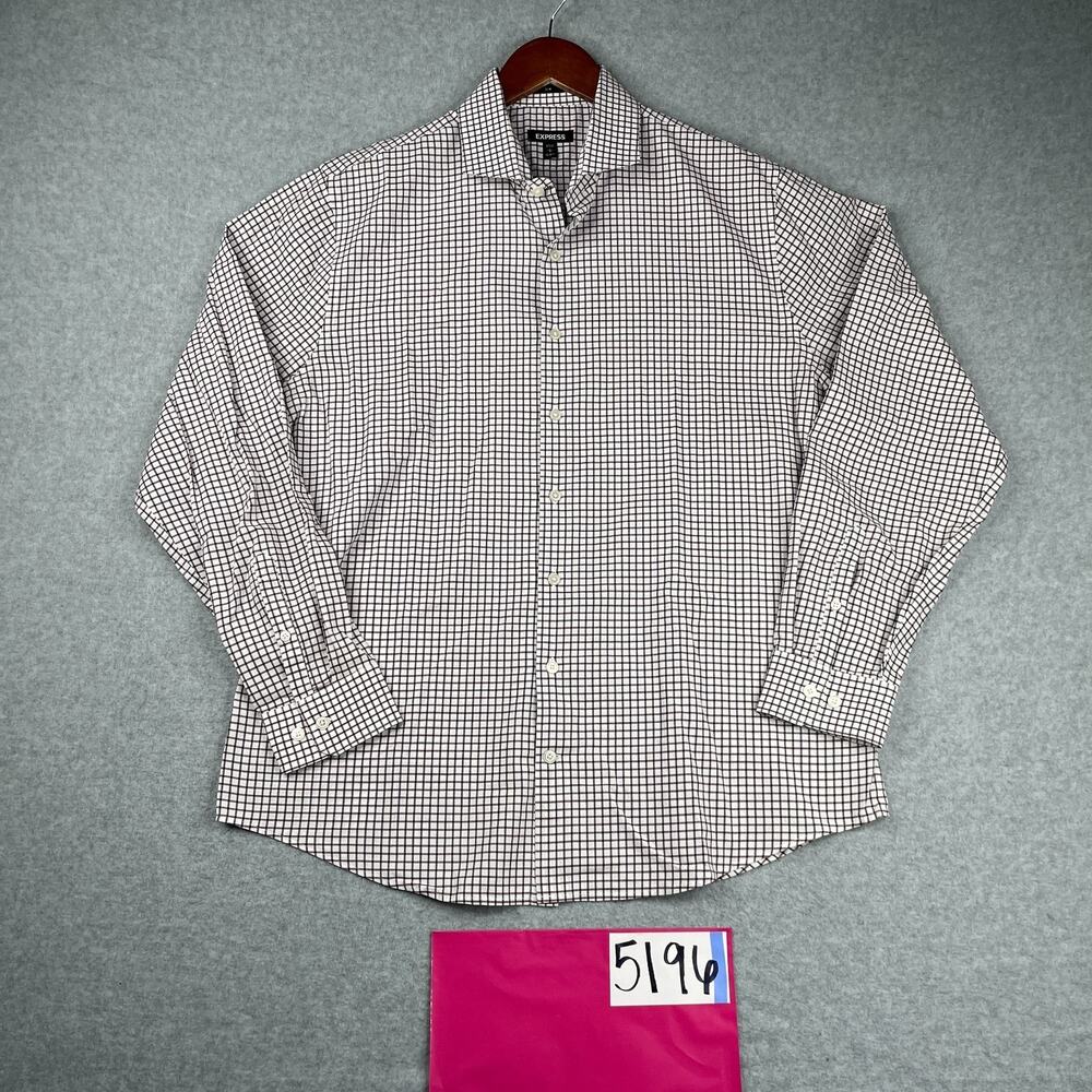 Express Shirt Large White Burgundy Check Slim Fit Button Up Long Sleeve Mens